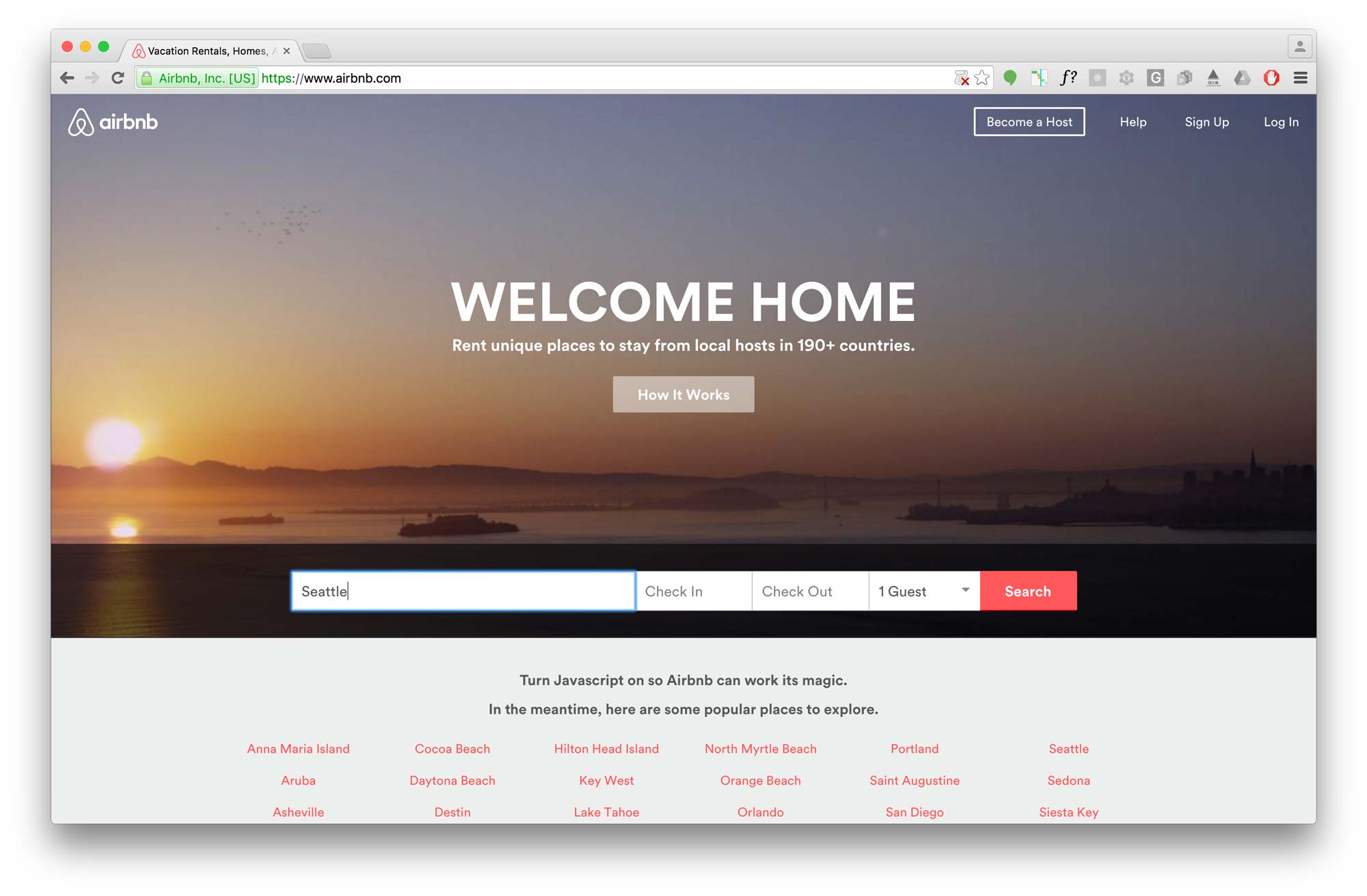 Airbnb homepage without JavaScript