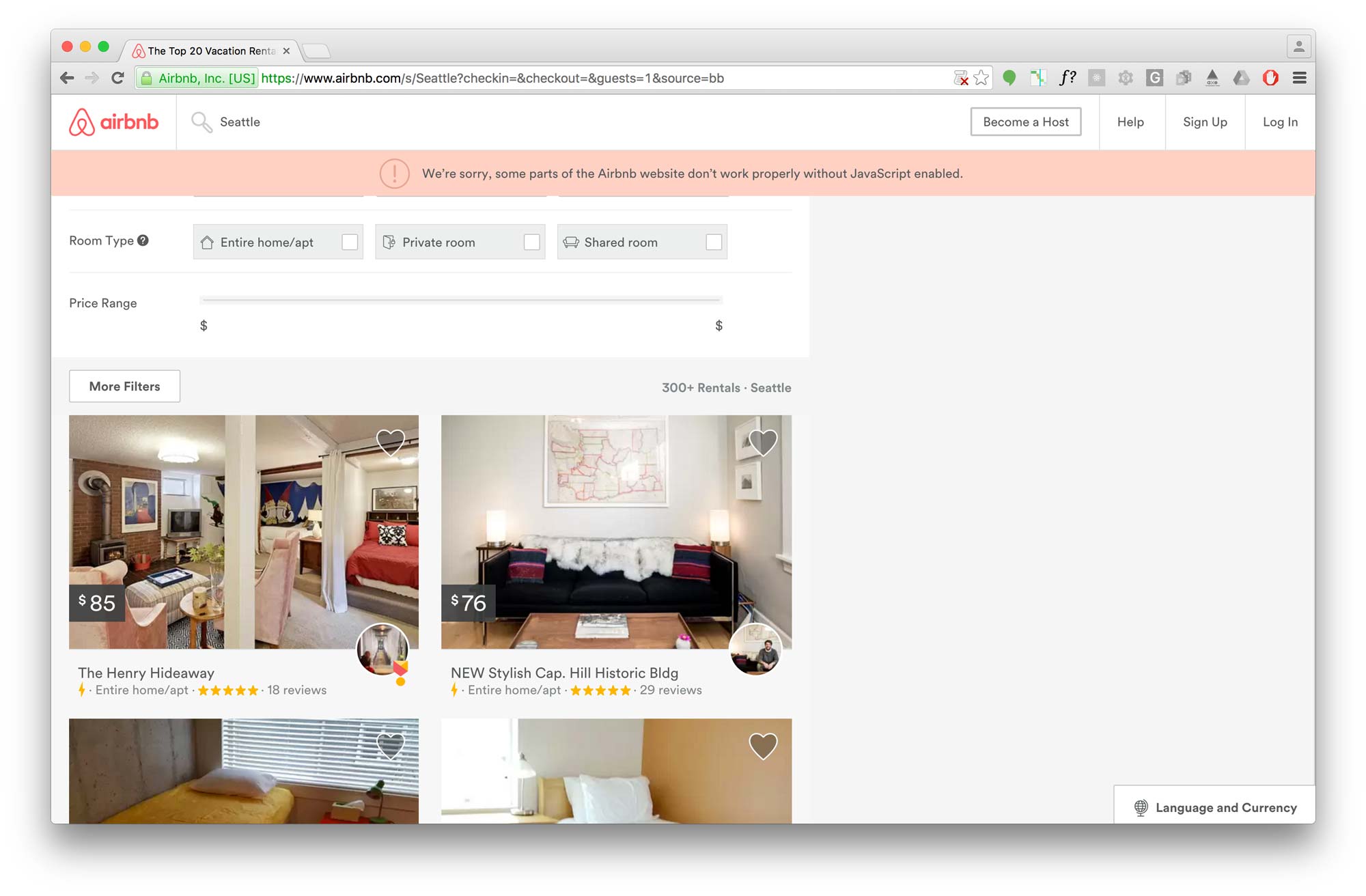 Airbnb Seattle search page without JavaScript