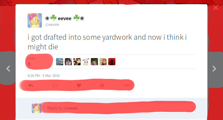 The parts of Twitter that do not work without JavaScript highlighted in red