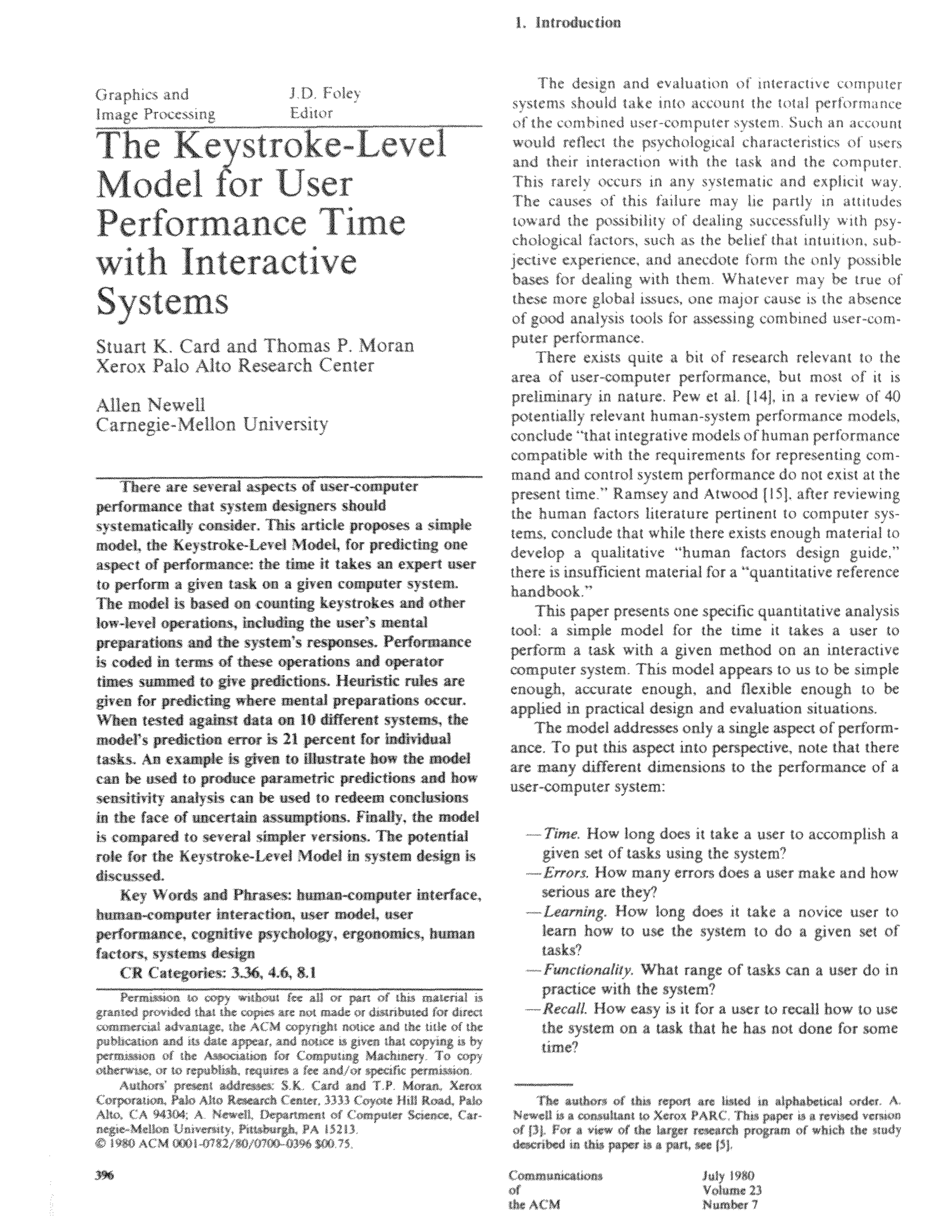 Page 1 of The Keystroke-Level Model for User Performance Time with Interactive Systems Research Paper