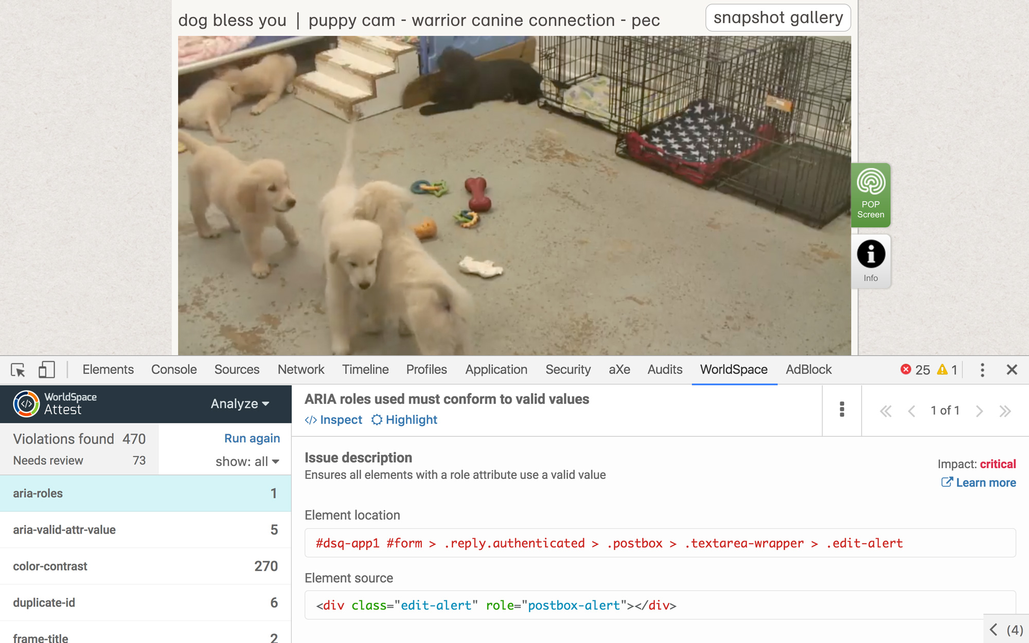 WorldSpace Attest Chrome extension testing the Service Puppy Cam on Explore.org