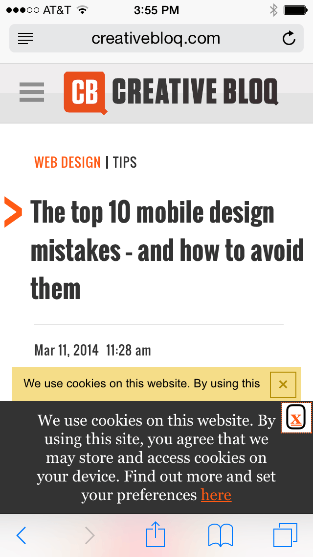 Small touch target size on Creative Bloq, ironically showing Top 10 Mobile design mistakes - and how to avoid them