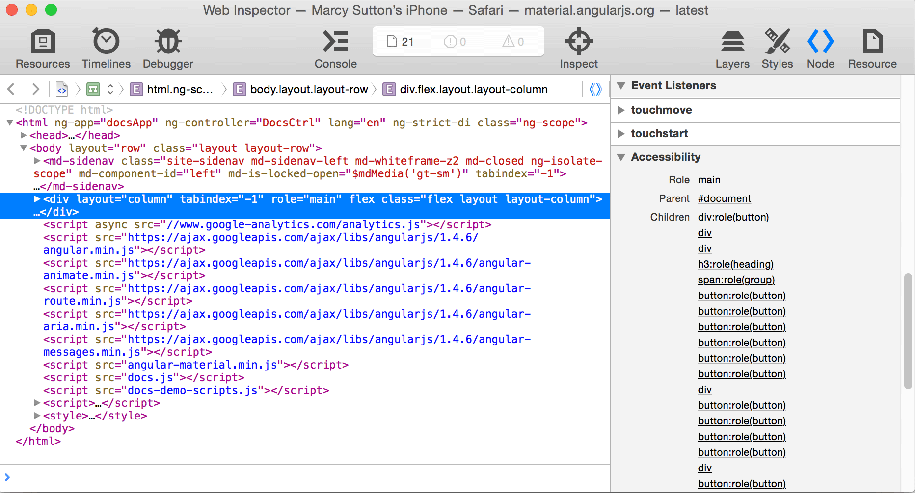 Safari Web Inspector with Develop menu open