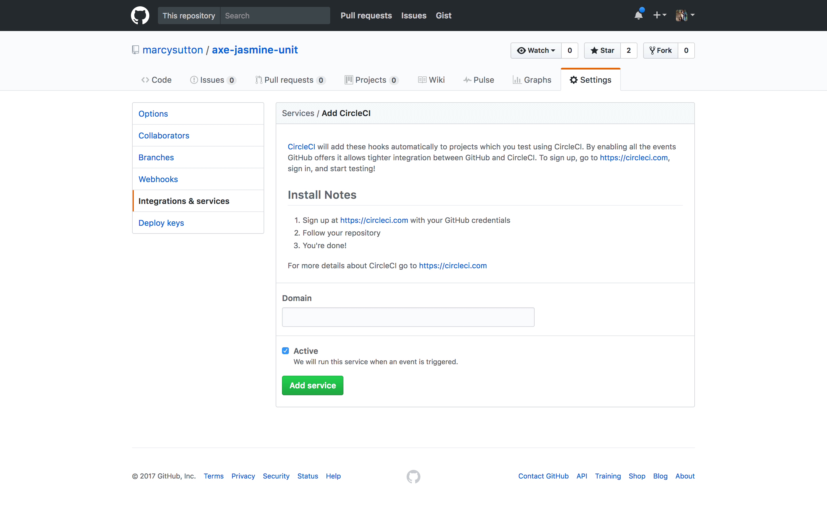 Adding Circle integration to axe-jasmine-unit on Github
