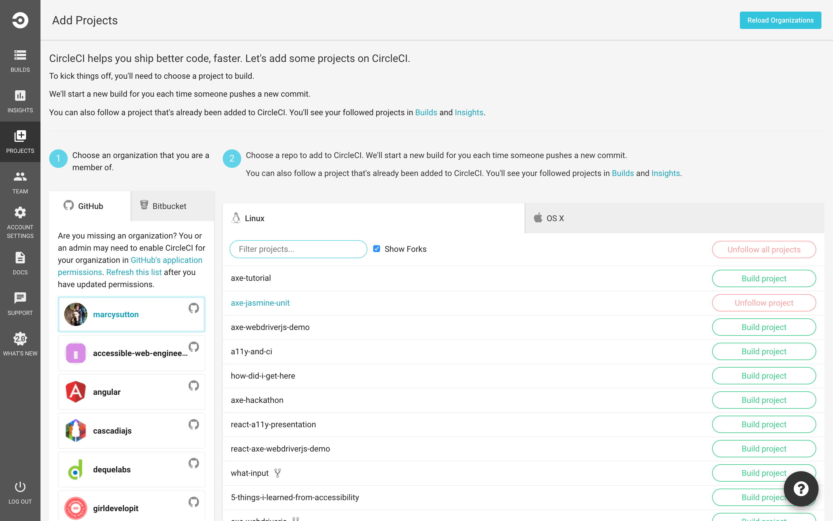 Projects list on Circle including axe-jasmine-unit