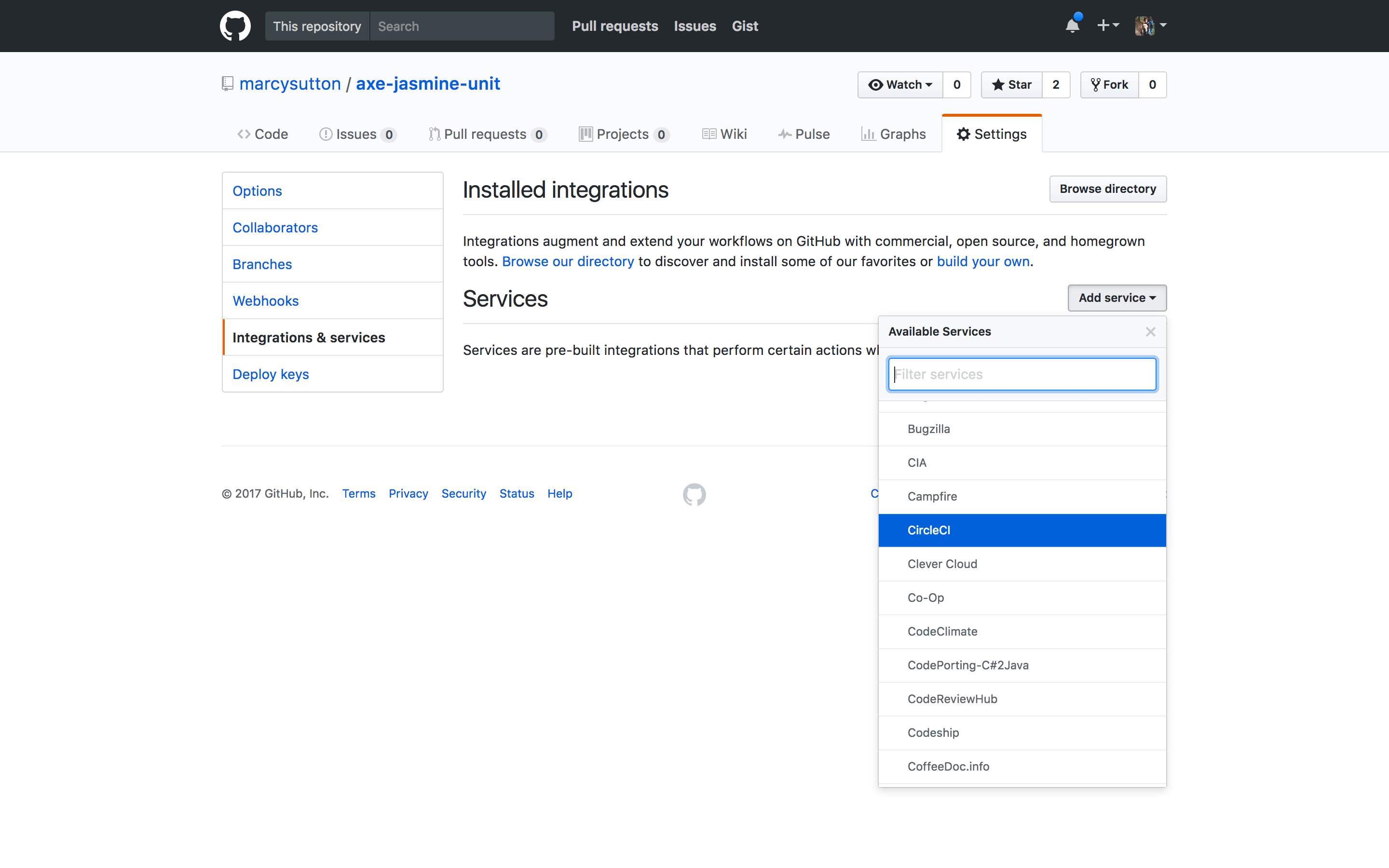 Adding Circle from list of services to axe-jasmine-unit on Github