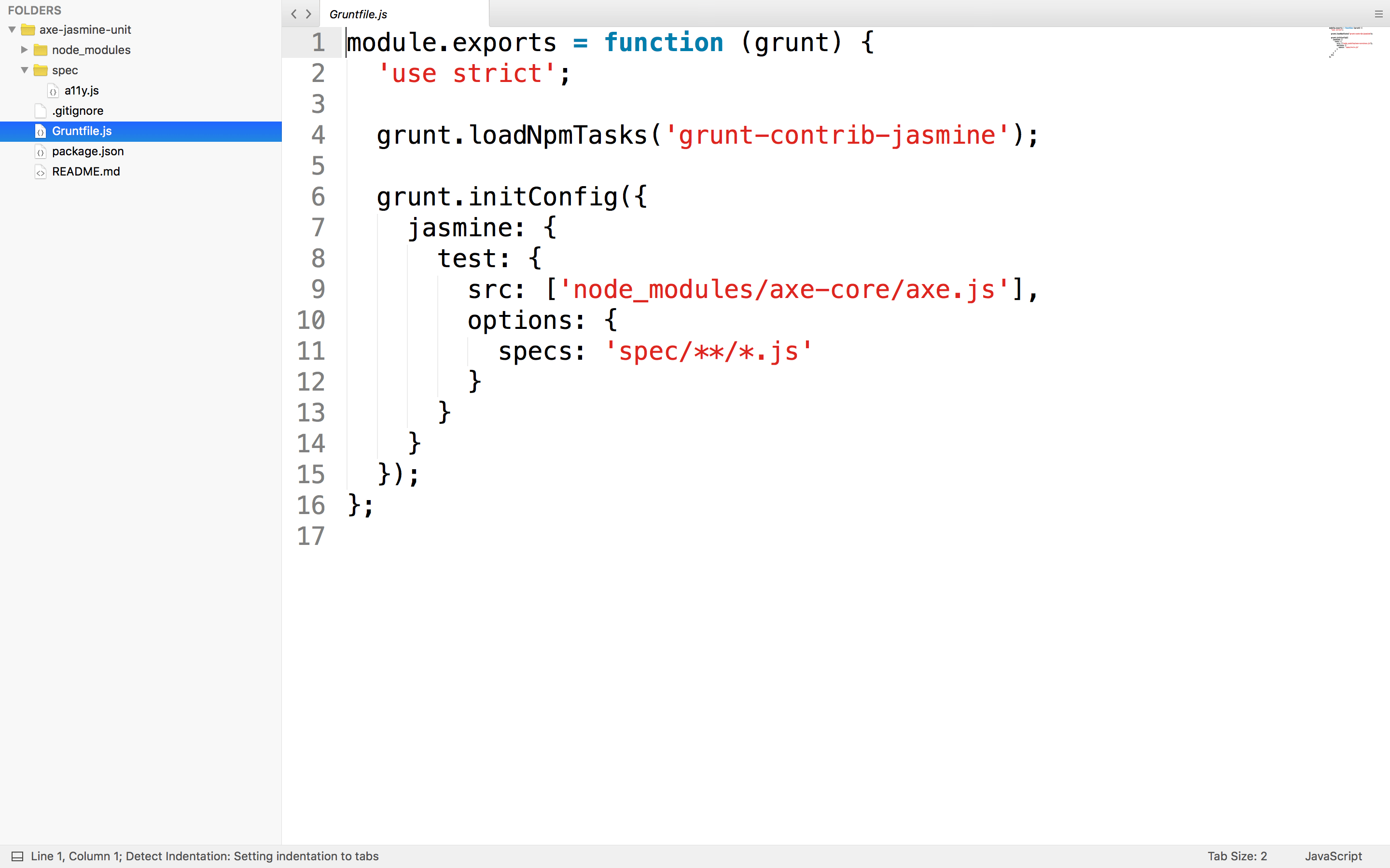 axe-jasmine-unit Grunt file in Sublime Text