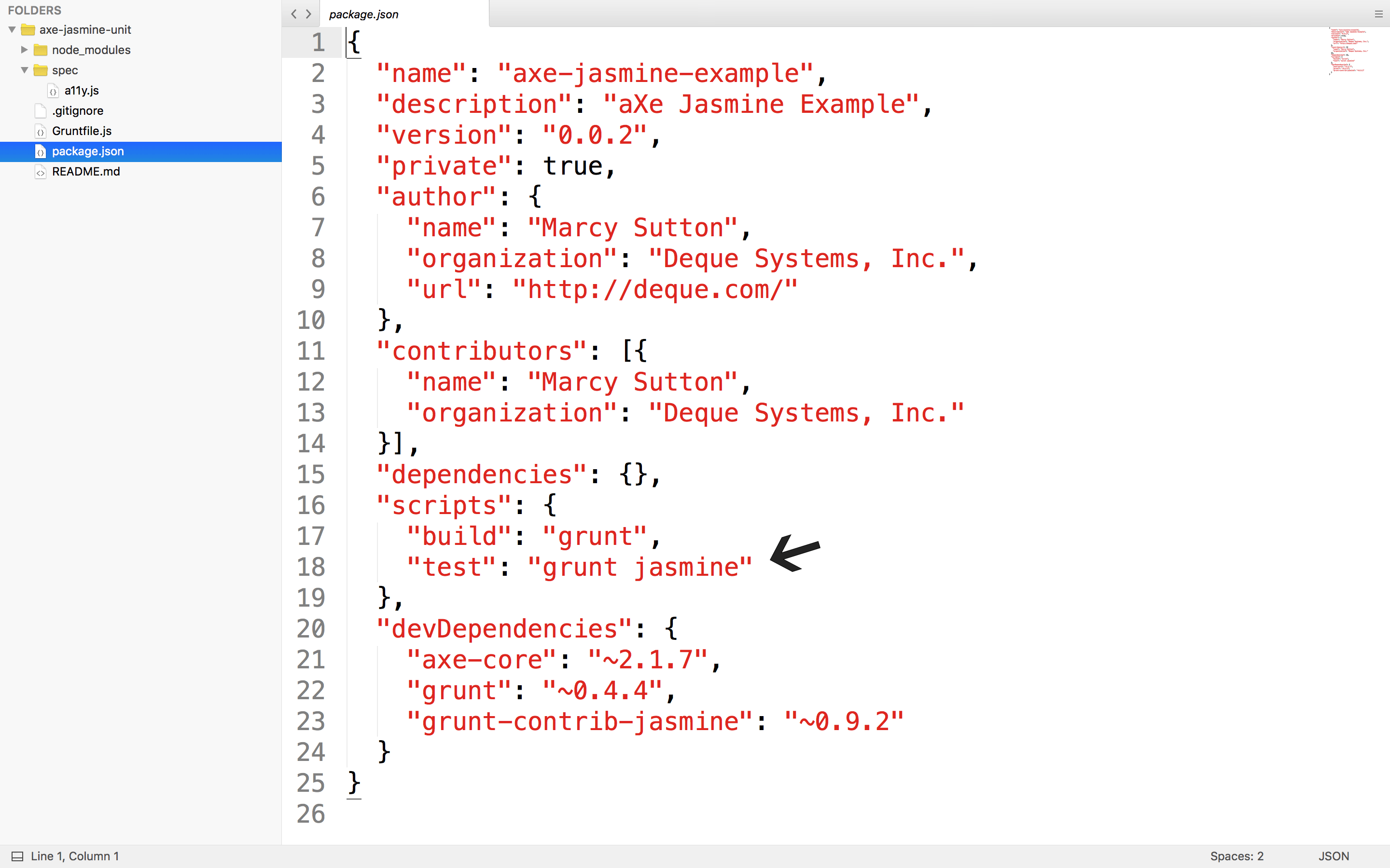 axe-jasmine-unit package.json file in Sublime Text