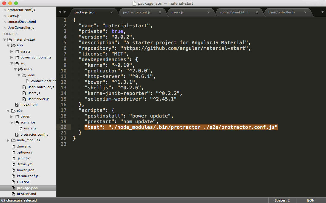 Project package.json with test line highlighted
