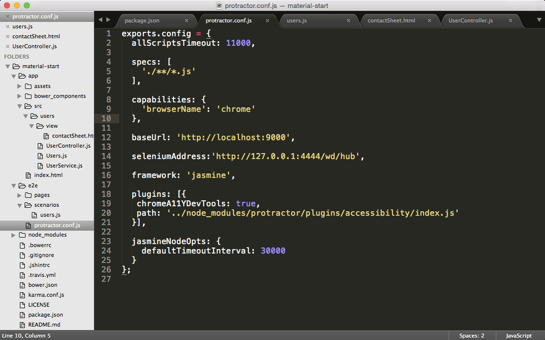 Protractor config file open in Sublime Text