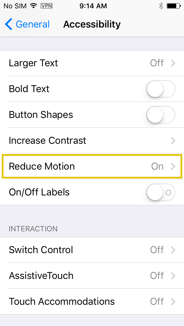 iOS System Preferences for Reduce Motion