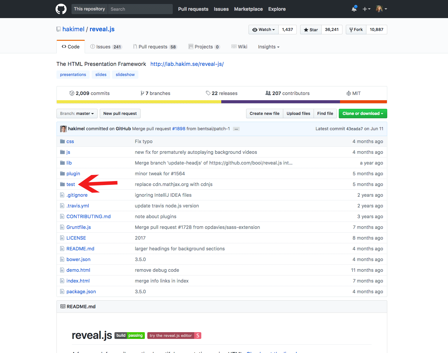 Reveal.js with test folder pointed out